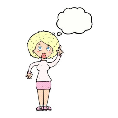 Düşünce baloncuğu olan çizgi film kadını.