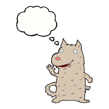 Düşünce baloncuklu mutlu bir köpek.