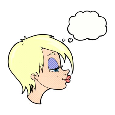 Düşünce baloncuğu olan güzel bir kadın.