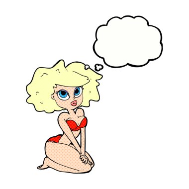 Düşünce baloncuklu bikini giyen kadın.