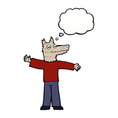 Düşünce baloncuğu olan mutlu kurt adam.