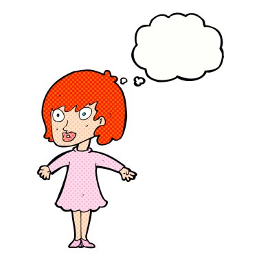 Düşünce baloncuklu elbise giyen çizgi film kadını.