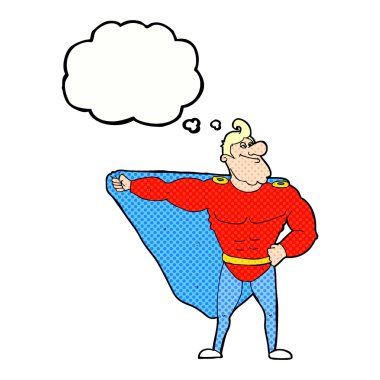 Düşünce baloncuğu olan komik bir süper kahraman.