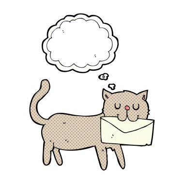 Düşünce baloncuklu mektup taşıyan çizgi film kedisi.