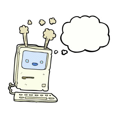 Düşünce baloncuklu eski bilgisayar