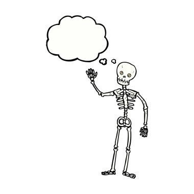Düşünce baloncuğu ile iskeleti sallayan çizgi film
