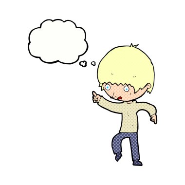 çizgi film endişeli çocuk düşünce balonunu işaret ediyor.