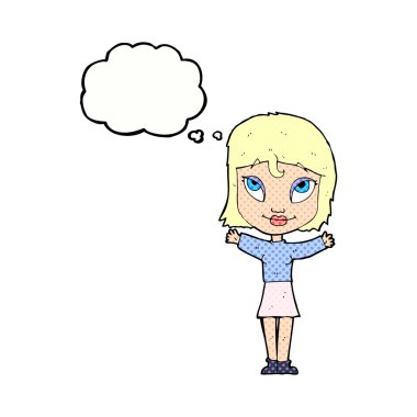 Düşünce baloncuğuyla kollarını açmış çizgi film kadını.