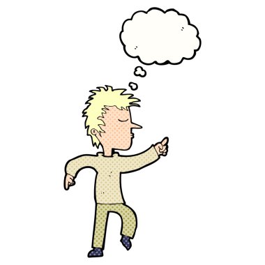 Çizgi film adamı düşünce balonunu işaret ediyor.