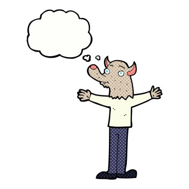 Düşünce baloncuğu olan çizgi film dostu kurt adam.