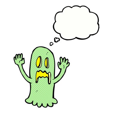 Düşünce baloncuklu hayaletli karikatür.