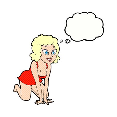 Düşünce baloncuklu komik seksi kadın.