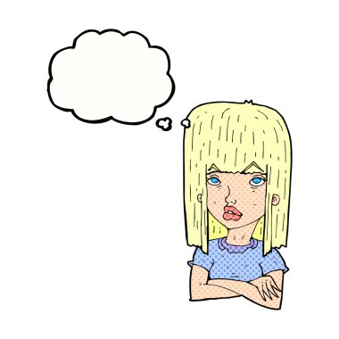 Düşünce baloncuğuyla kollarını kavuşturmuş çizgi film kızı.