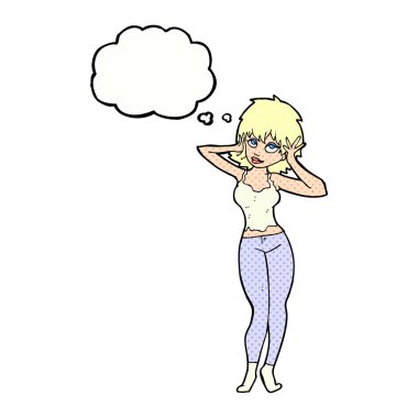 Düşünce baloncuğu olan güzel bir kadın.