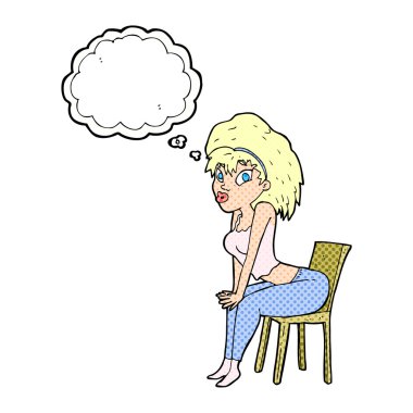 çizgi film kadın sandalyede düşünce balonu ile poz