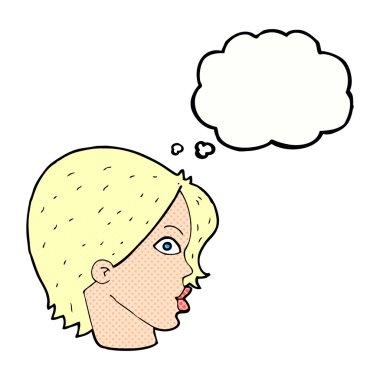 Düşünce baloncuğuyla bakan kadın yüzü.