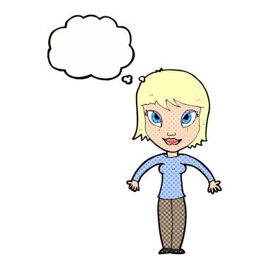 Çizgi filmdeki kadın düşünce balonuyla omuz silkiyor.