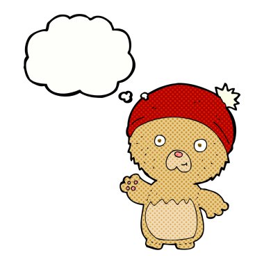 Düşünce baloncuklu şapkalı sevimli oyuncak ayı.