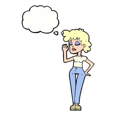 Düşünce baloncuğuyla görmezden gelen çizgi film kadını.