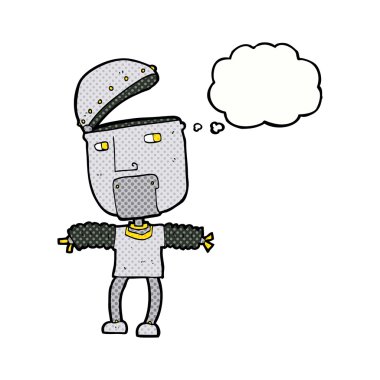 Düşünce baloncuğu ile açık kafalı komik çizgi film robotu