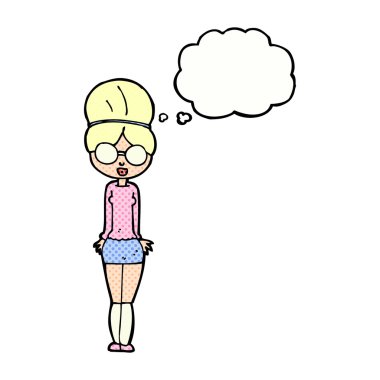 Düşünce baloncuğu olan bir kütüphaneci kadın.