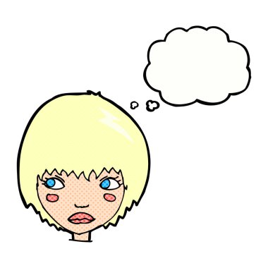 Düşünce baloncuğu olan mutsuz bir kız.