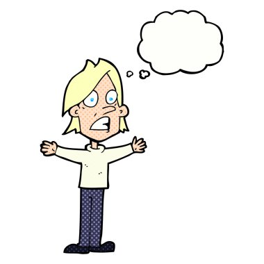 Düşünce baloncuğu olan korkmuş bir adam.