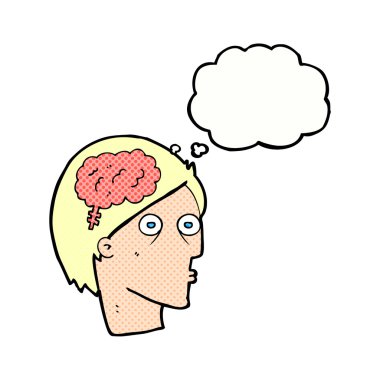 Düşünce baloncuklu beyin sembollü çizgi film başı