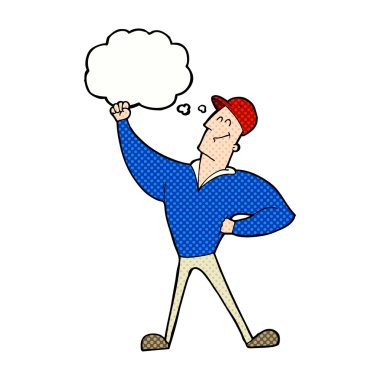 Düşünce baloncuğuyla kahramanca poz veren çizgi film adamı.