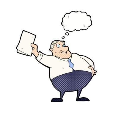 Çizgi film patronu düşünce balonuyla kağıtları sallıyor.