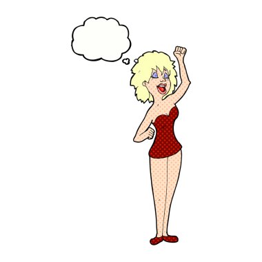 Düşünce baloncuğu olan dans eden kadın.