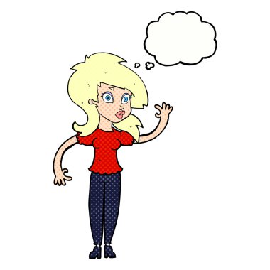 Düşünce baloncuğuyla el sallayan güzel kadın.