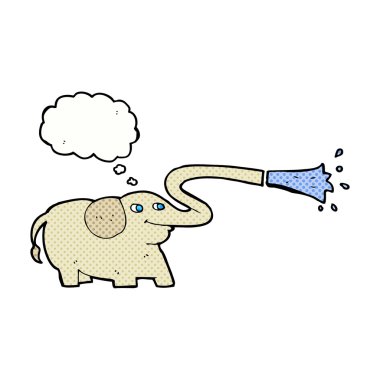 Düşünce kabarcığıyla su fışkırtan çizgi film fili.