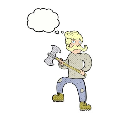 Düşünce balonlu baltalı çizgi film adamı.