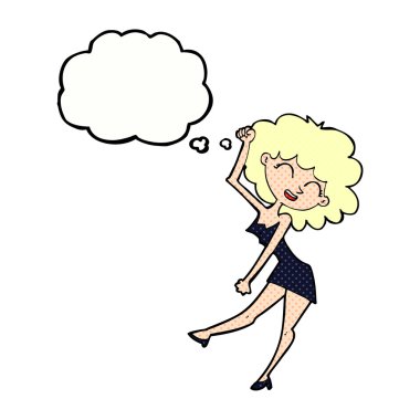 Düşünce baloncuğu olan dans eden kadın.