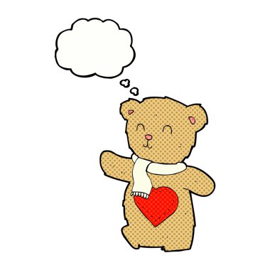 Düşünce baloncuklu, aşk dolu yürekli oyuncak ayı.