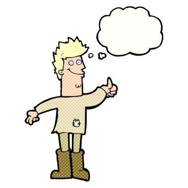 Düşünce baloncuğu olan, paçavralar içinde pozitif düşünen bir adam.