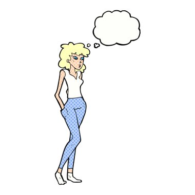 Düşünce baloncuğu olan güzel bir kadın.