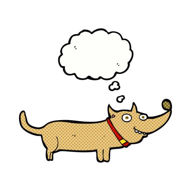 Düşünce baloncuklu mutlu bir köpek.