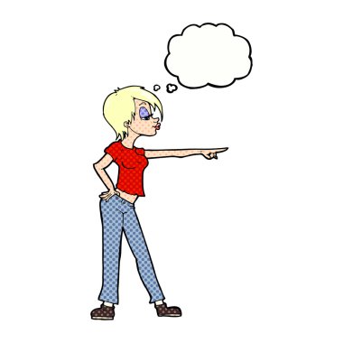 çizgi film karakteri kadın düşünce balonunu işaret ediyor.