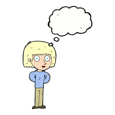 Düşünce baloncuğu olan çizgi film kadını.