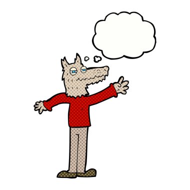 Düşünce baloncuğuyla kurt sallayan çizgi film