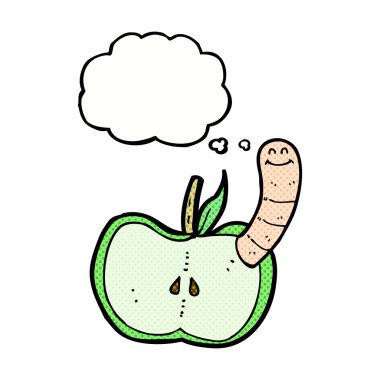 Düşünce baloncuklu solucanlı çizgi film elması