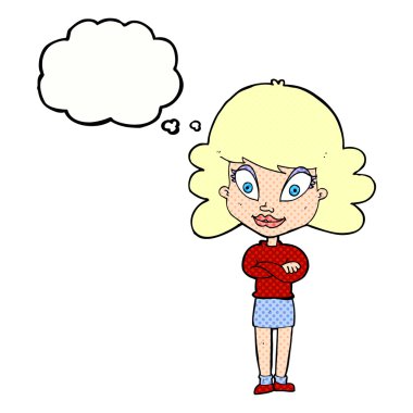 Düşünce baloncuğu ile kollarını kavuşturmuş mutlu kadın çizgi filmi.