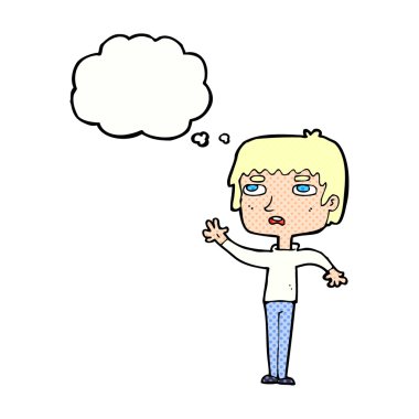 çizgi film mutsuz çocuk düşünce baloncuğuyla el sallıyor