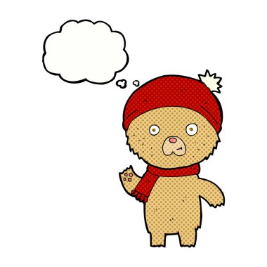 Düşünce baloncuklu oyuncak ayıyı sallayan çizgi film