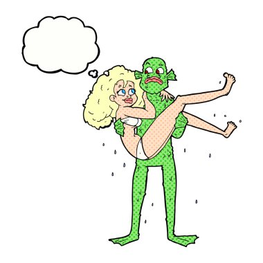 Cartoon woman with thought bubble and swamp monster vector Cartoon woman with thought bubble and swamp monster vector