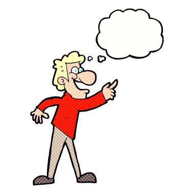 Çizgi film adamı düşünce balonuyla işaret edip gülüyor.