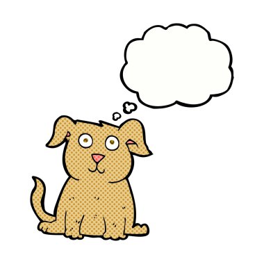 Düşünce baloncuklu mutlu bir köpek.