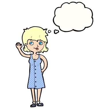 Düşünce baloncuğuyla el sallayan güzel kadın.